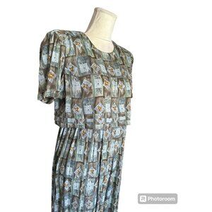 Karin Stevens Petites Floral Print Pleated Bodice 90s Midi Dress Blue Green Sz 8